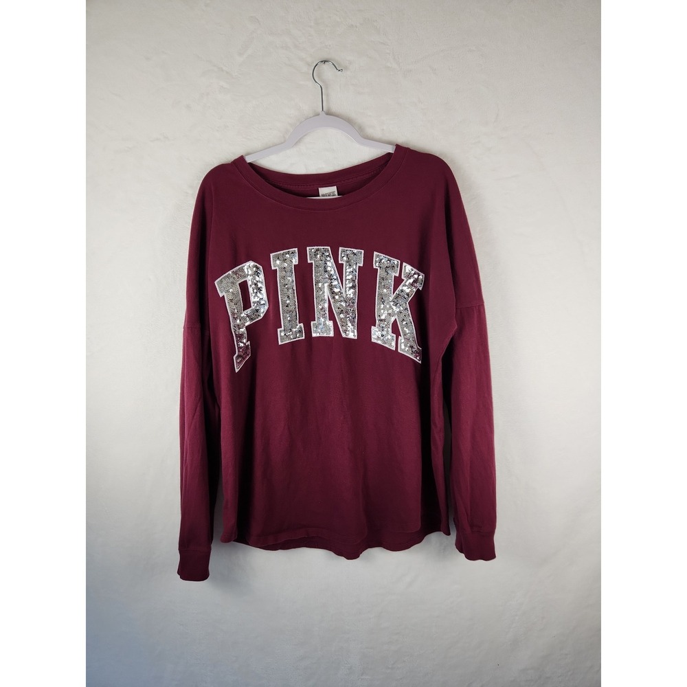 PINK Long Sleeve Women's T Shirt. Burgundy with silver sequin PINK text. Size L